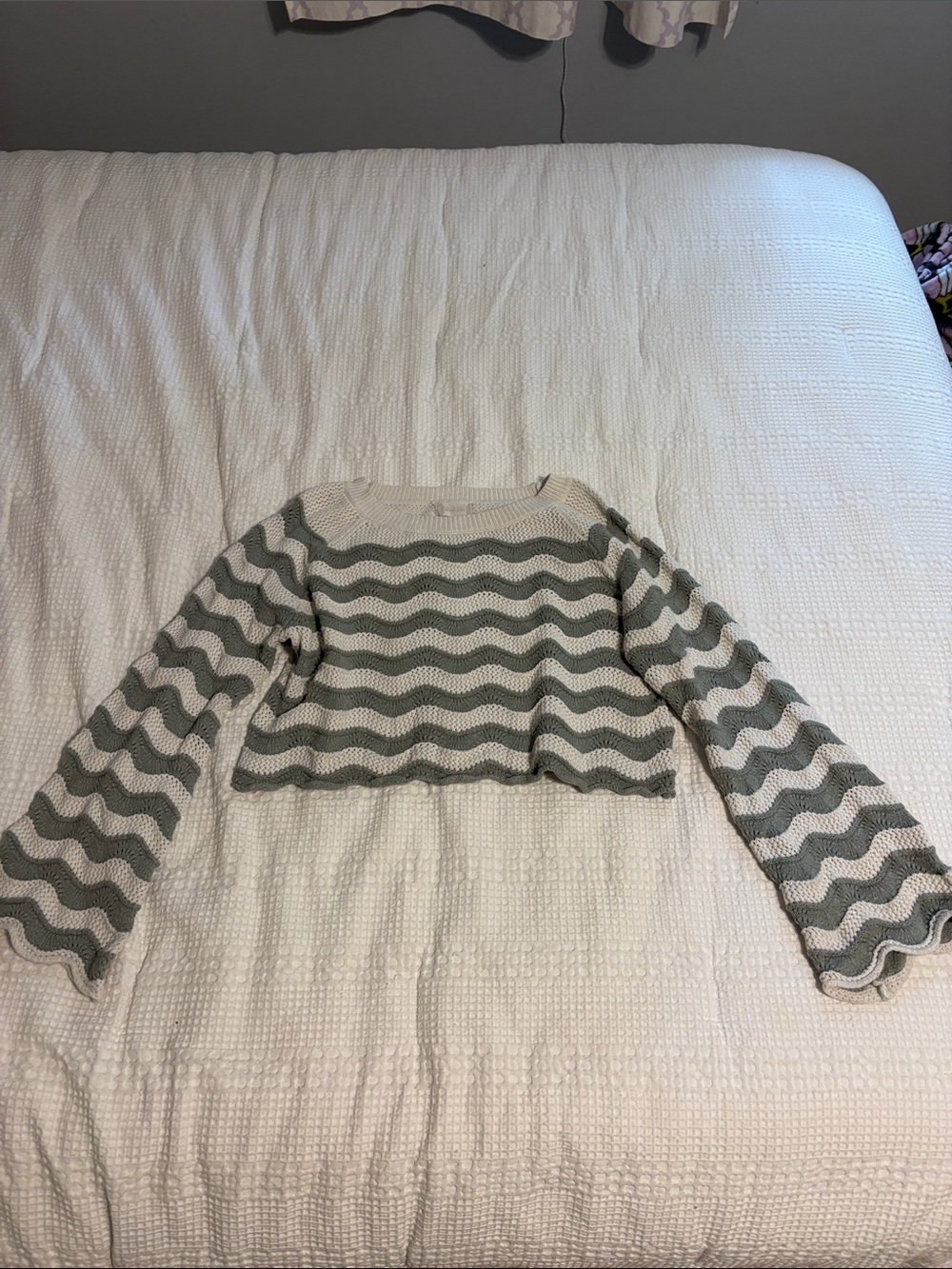 Altar’d State Striped Crochet Crop Sweater in Olive and Cream